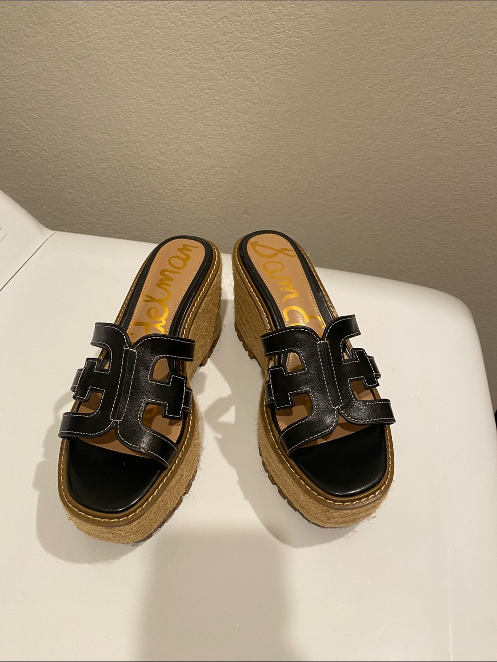 Sam Edelman Black Leather Espadrille Wedge Slide Sandals